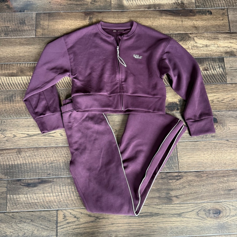 Zara Kids NWT Girls Plum Modal Zip Up Cropped Sweatshirt Flare Pants Set 13-14